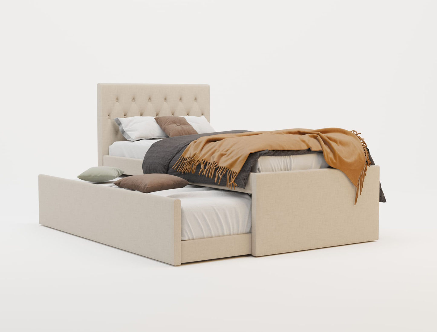 top view of a king single bed frame with mattress and pillows in a white background from Isaak