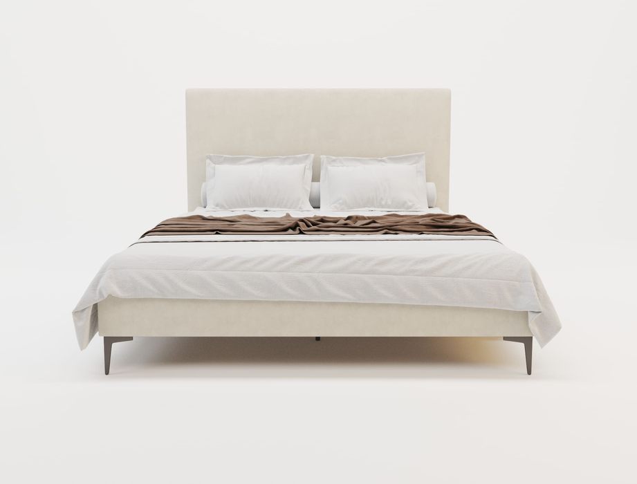 front view of a double bed frame with mattress and pillows in a white background from Isaak