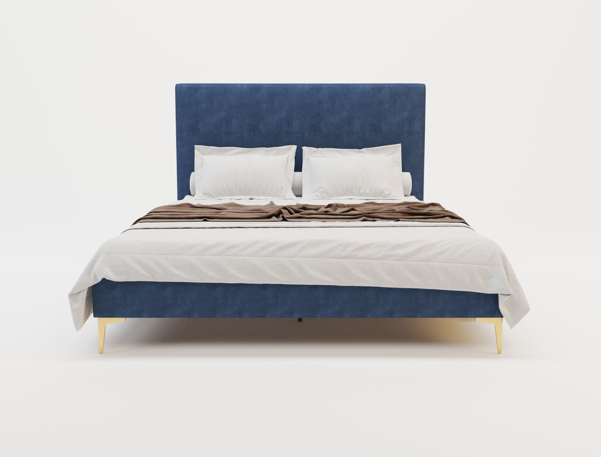 front view of a double bed frame with mattress and pillows in a white background from Isaak