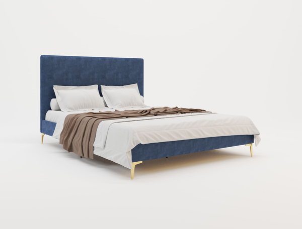 Rykkie Blue Velvet Gold Legs King Bed Frame