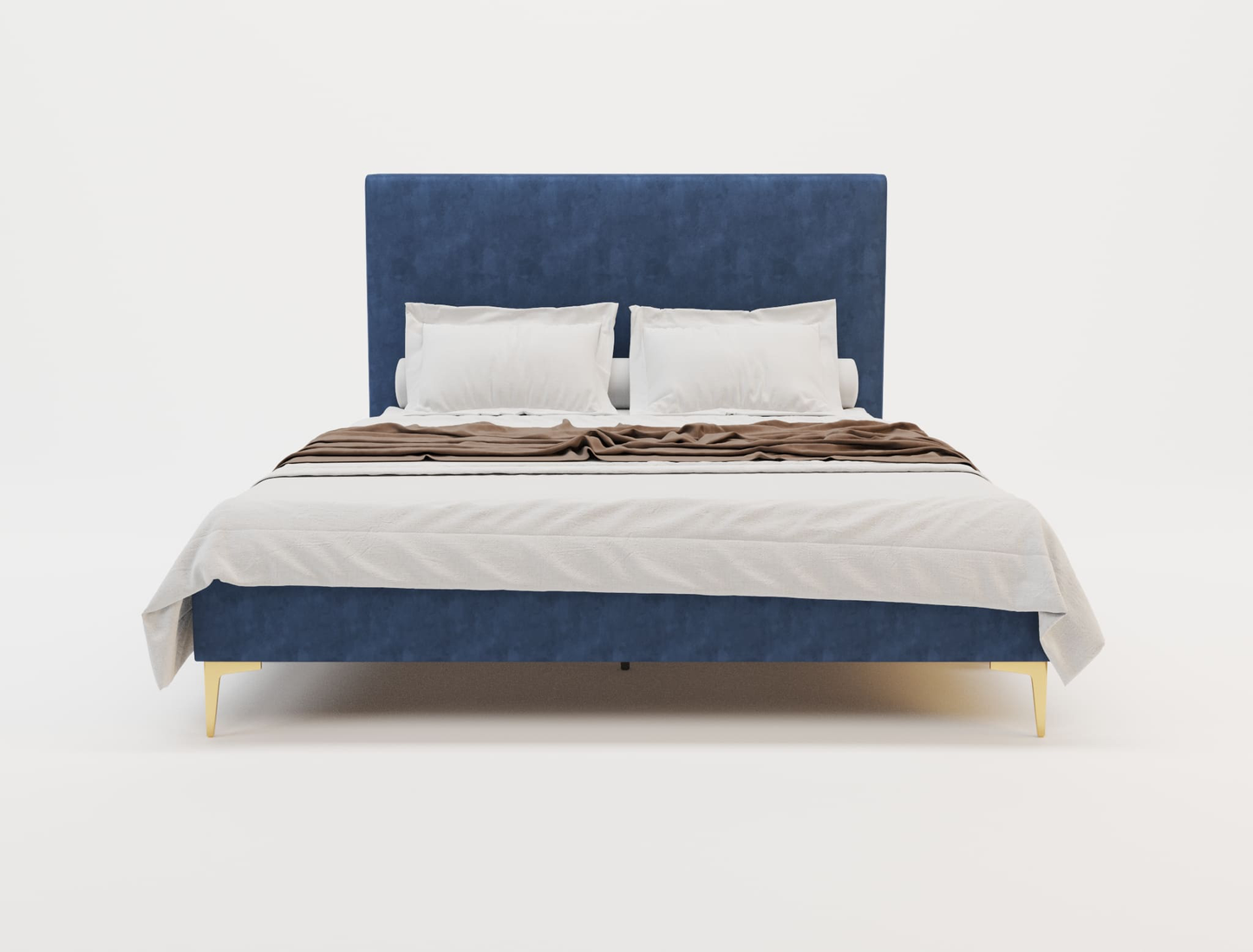 front view of a king bed frame with mattress and pillows in a white background from Isaak