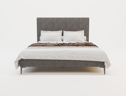 front view of a double bed frame with mattress and pillows in a white background from Isaak