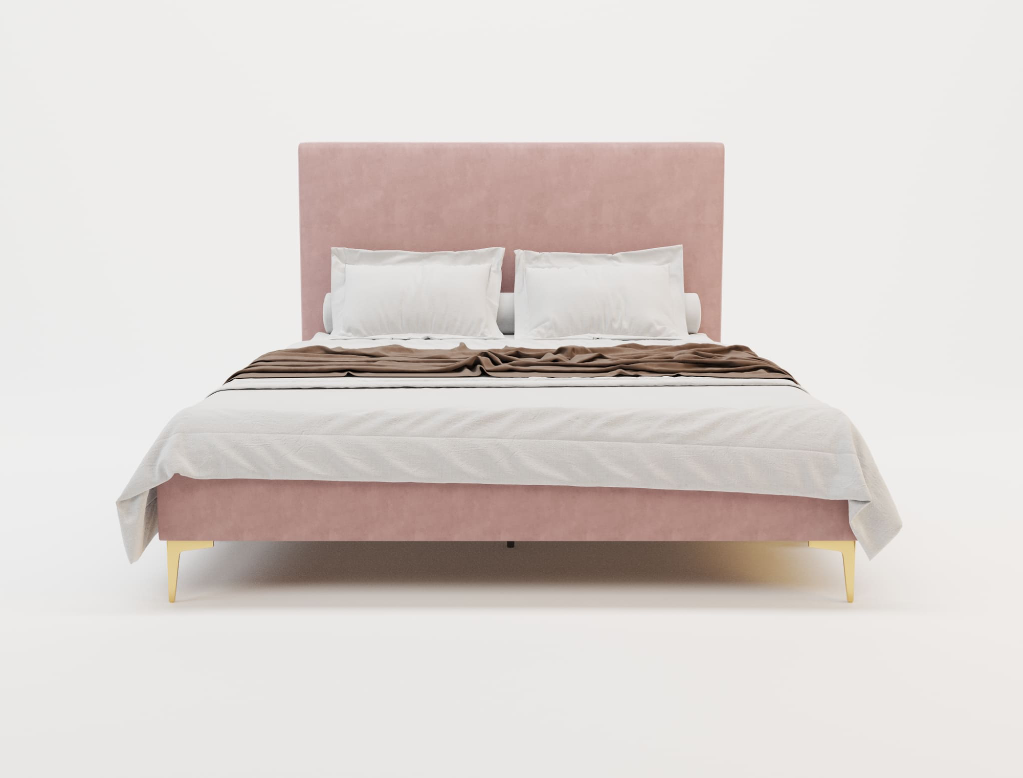 front view of a double bed frame with mattress and pillows in a white background from Isaak