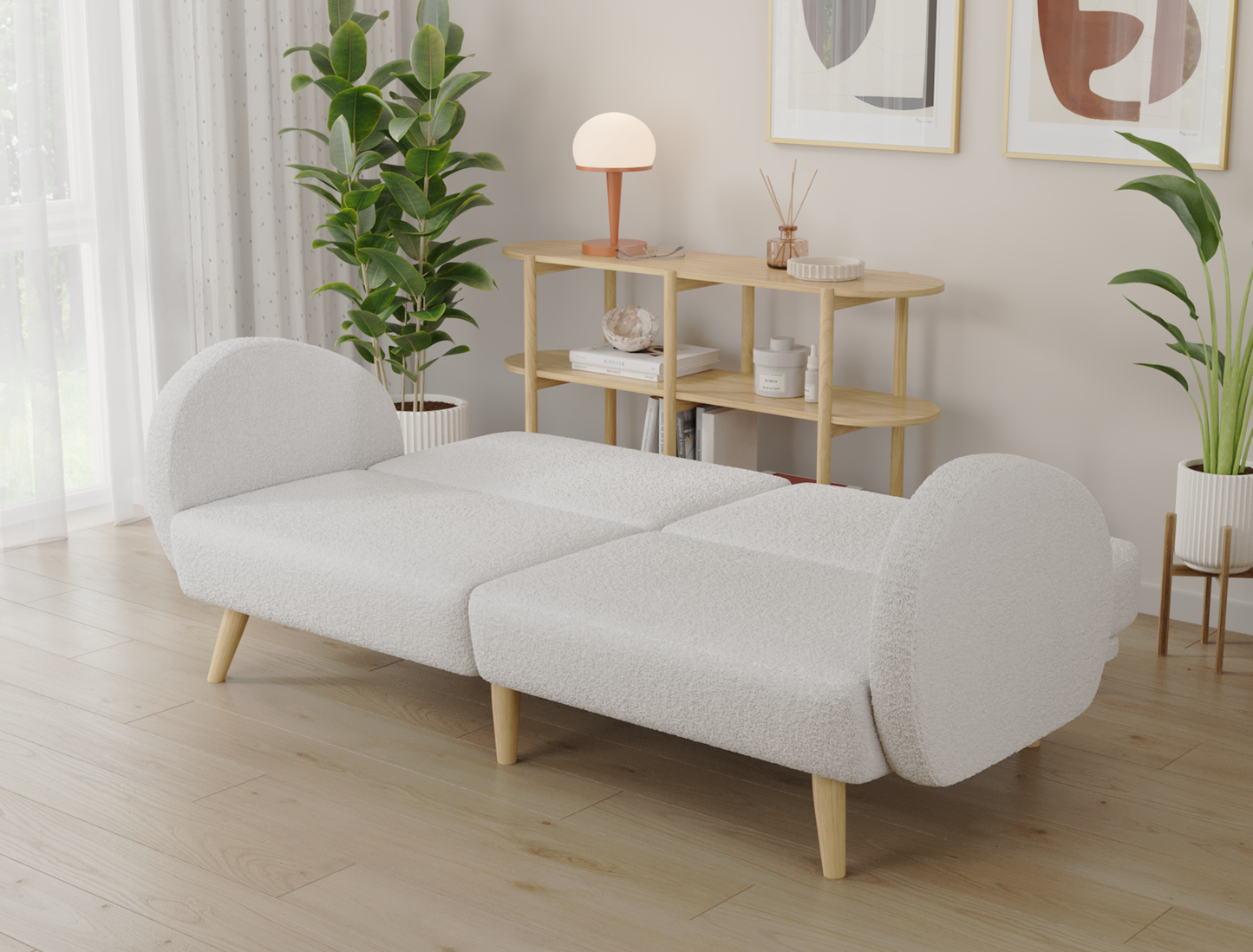 Haven 3 Seater White Fleece Wooden Legs Sofa Bed