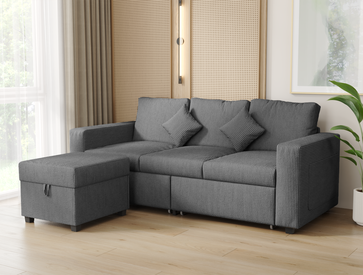 Narvik 3-Seater Ottoman Grey Velvet Storage Sofa