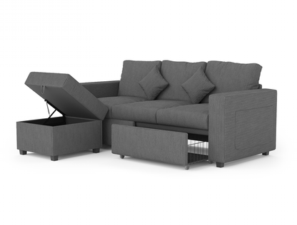 Narvik 3-Seater Ottoman Grey Velvet Storage Sofa