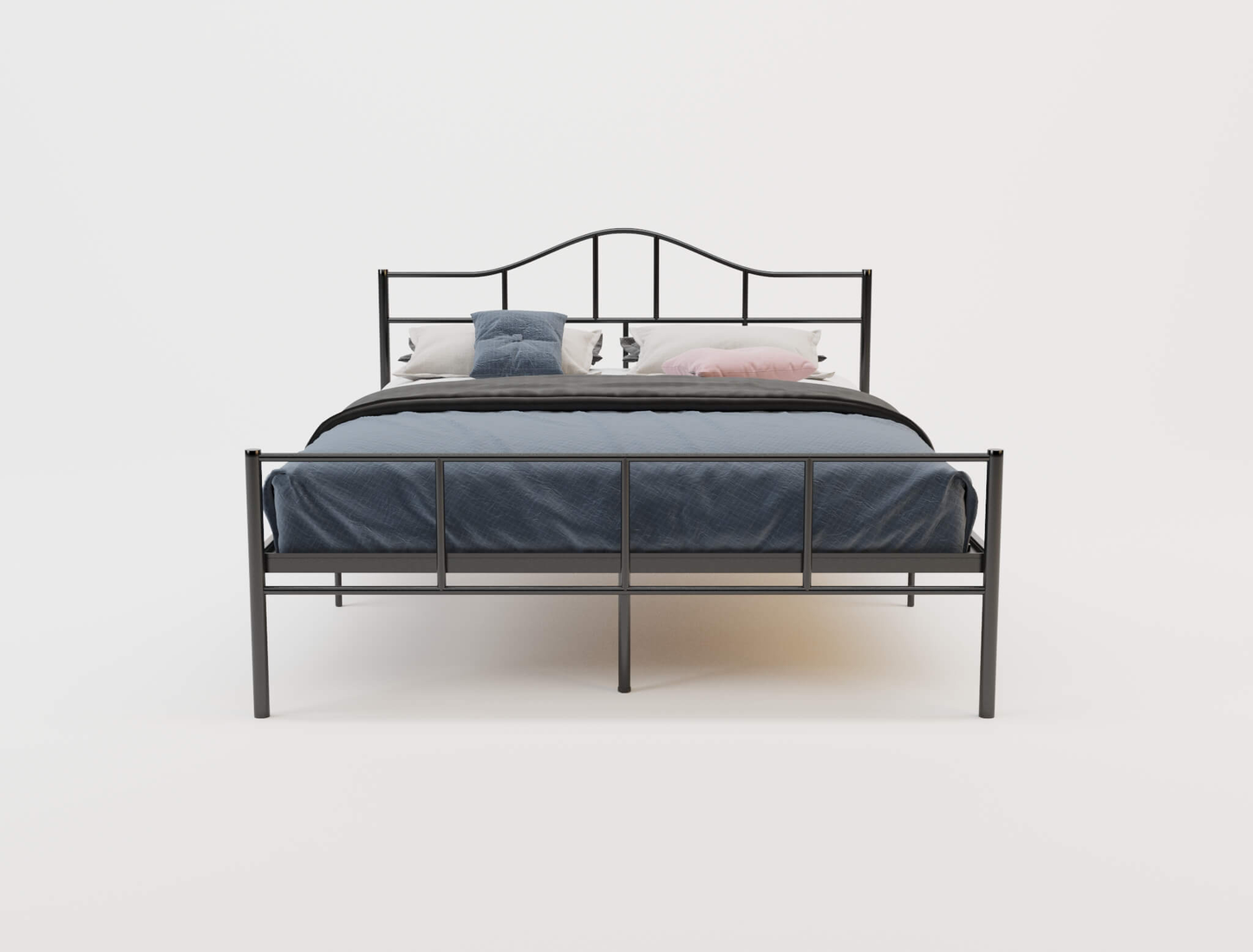 front view of a double bed frame with mattress and pillows in a white background from Isaak