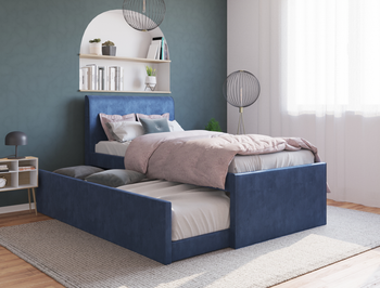 Selina Blue Velvet Trundle King Single Bed Frame