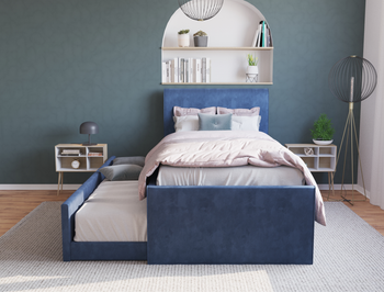 Selina Blue Velvet Trundle King Single Bed Frame