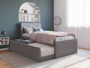 Selina Grey Velvet Trundle King Single Bed Frame