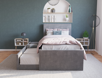 Selina Grey Velvet Trundle King Single Bed Frame