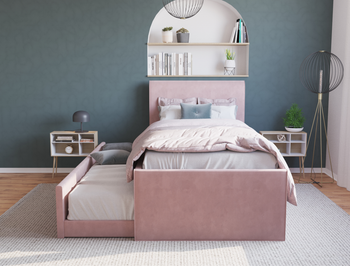 Selina Pink Velvet Trundle King Single Bed Frame