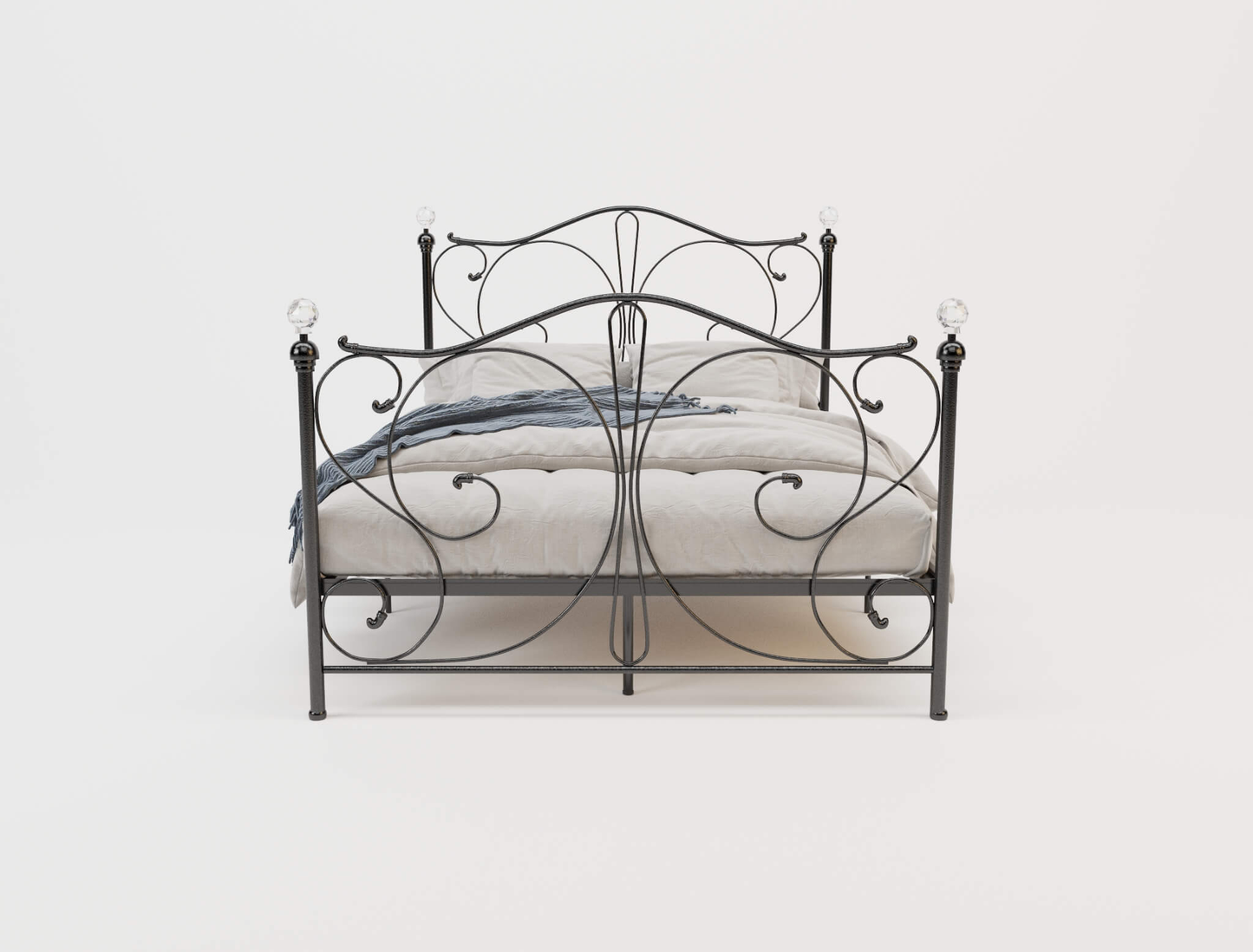 front view of a double bed frame with mattress and pillows in a white background from Isaak