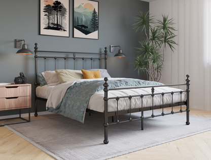 top view of a double bed frame with mattress and pillows in a bedroom from Isaak