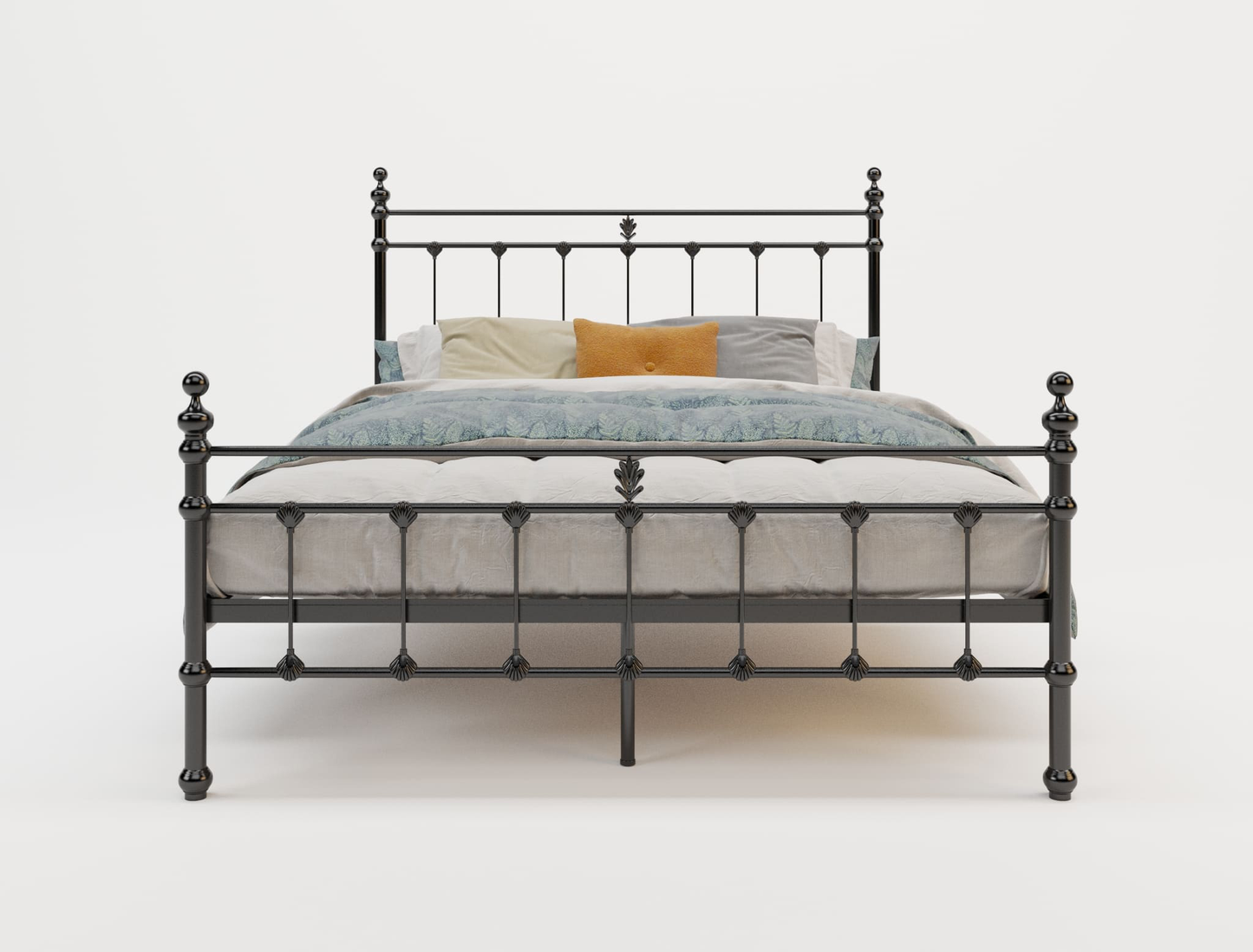 front view of a double bed frame with mattress and pillows in a white background from Isaak