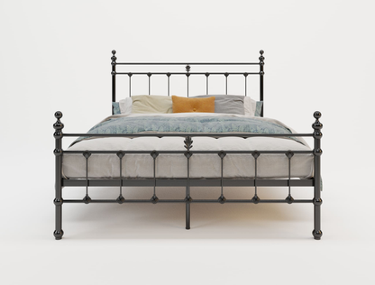 front view of a double bed frame with mattress and pillows in a white background from Isaak