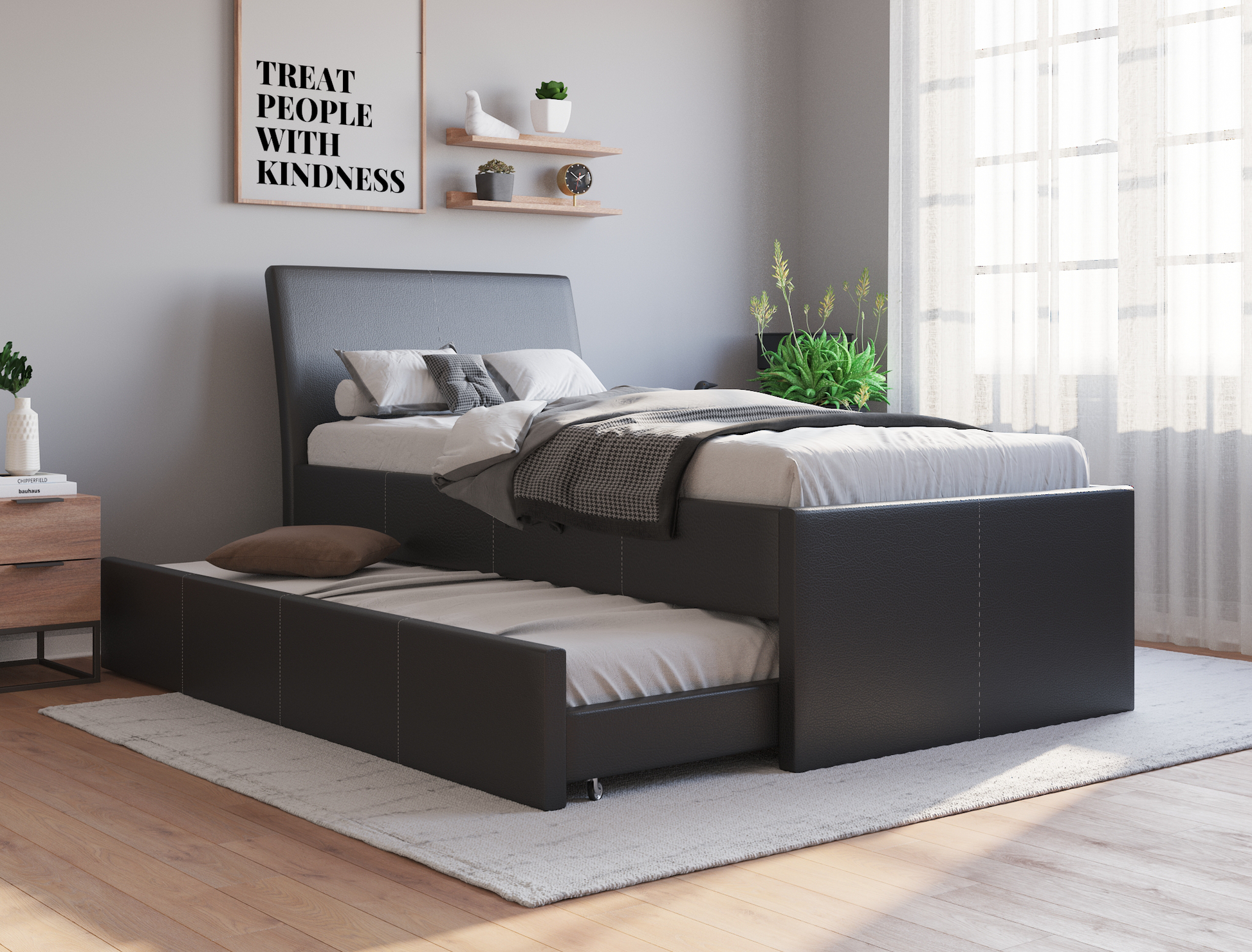 top view of a king single bed frame with mattress and pillows in a bedroom from Isaak