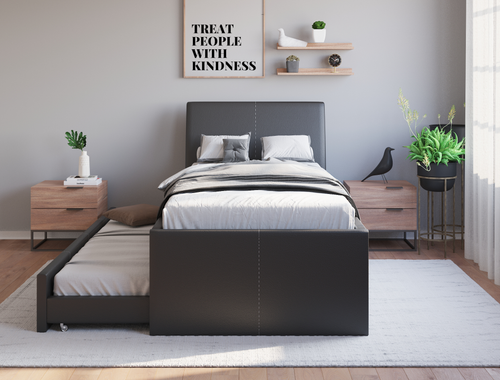 Vivian Black Faux Leather Trundle King Single Bed Frame
