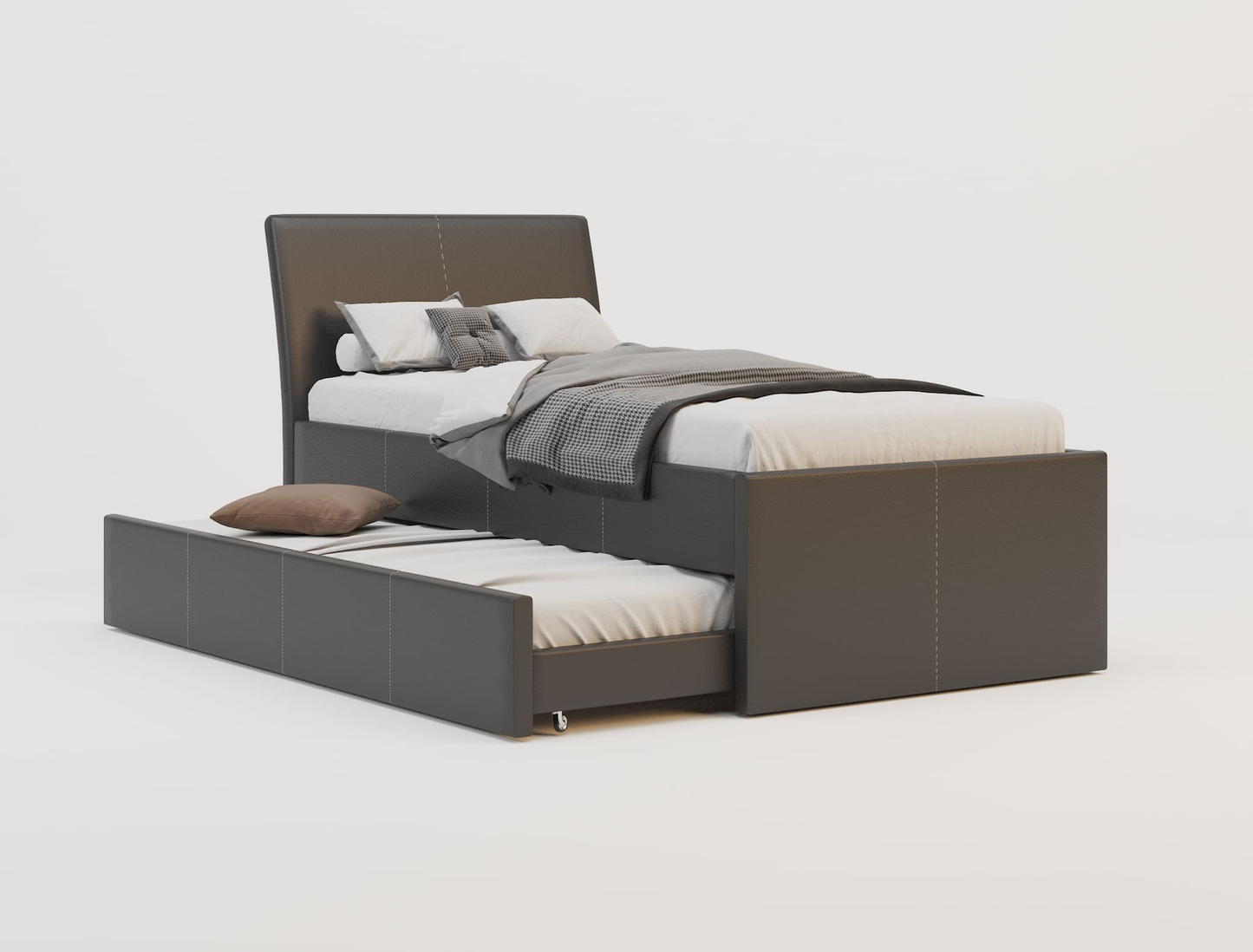 front view of a king single bed frame with mattress and pillows in a white background from Isaak 2