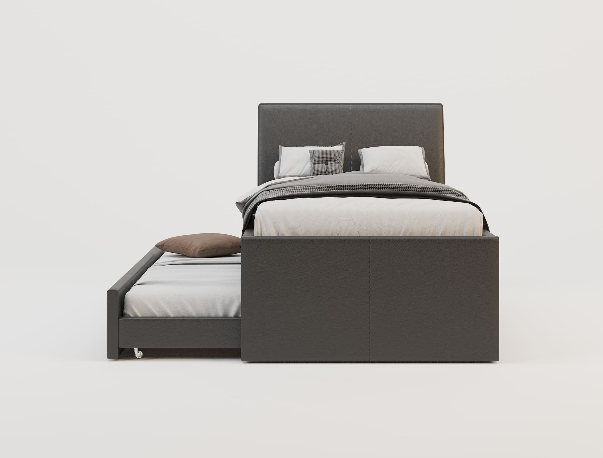 front view of a king single bed frame with mattress and pillows in a white background from Isaak