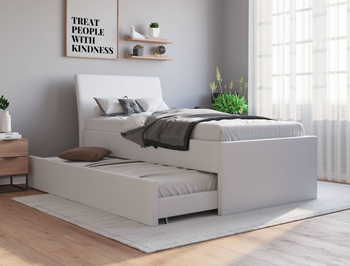 Vivian White Faux Leather Trundle King Single Bed Frame