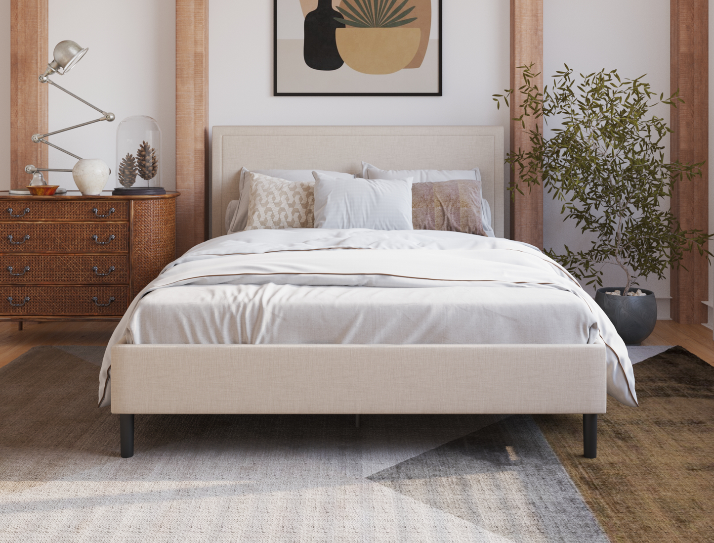 front view of a double bed frame with mattress and pillows in a bedroom from Isaak