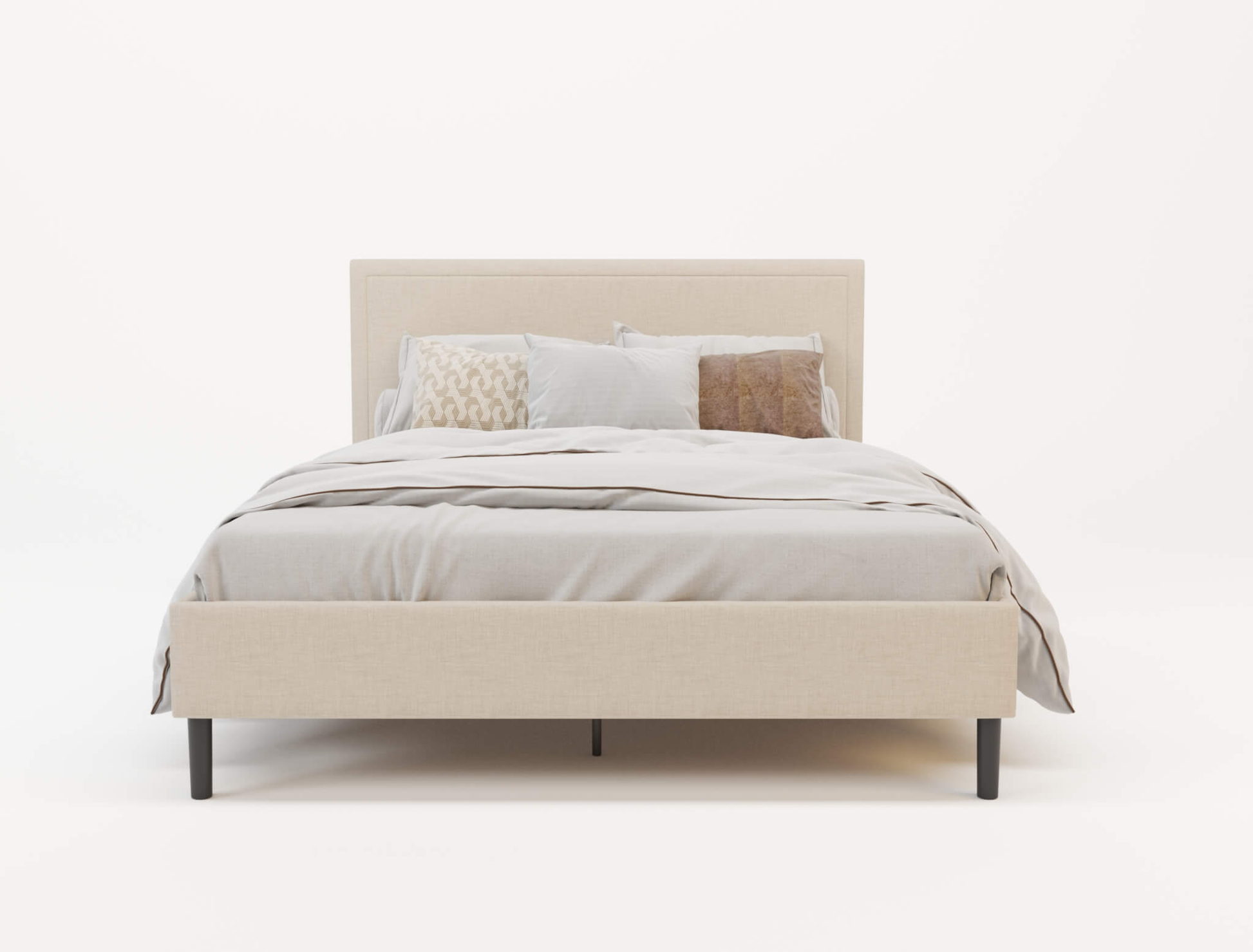 front view of a double bed frame with mattress and pillows in a white background from Isaak