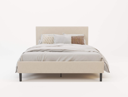 front view of a king single bed frame with mattress and pillows in a white background from Isaak