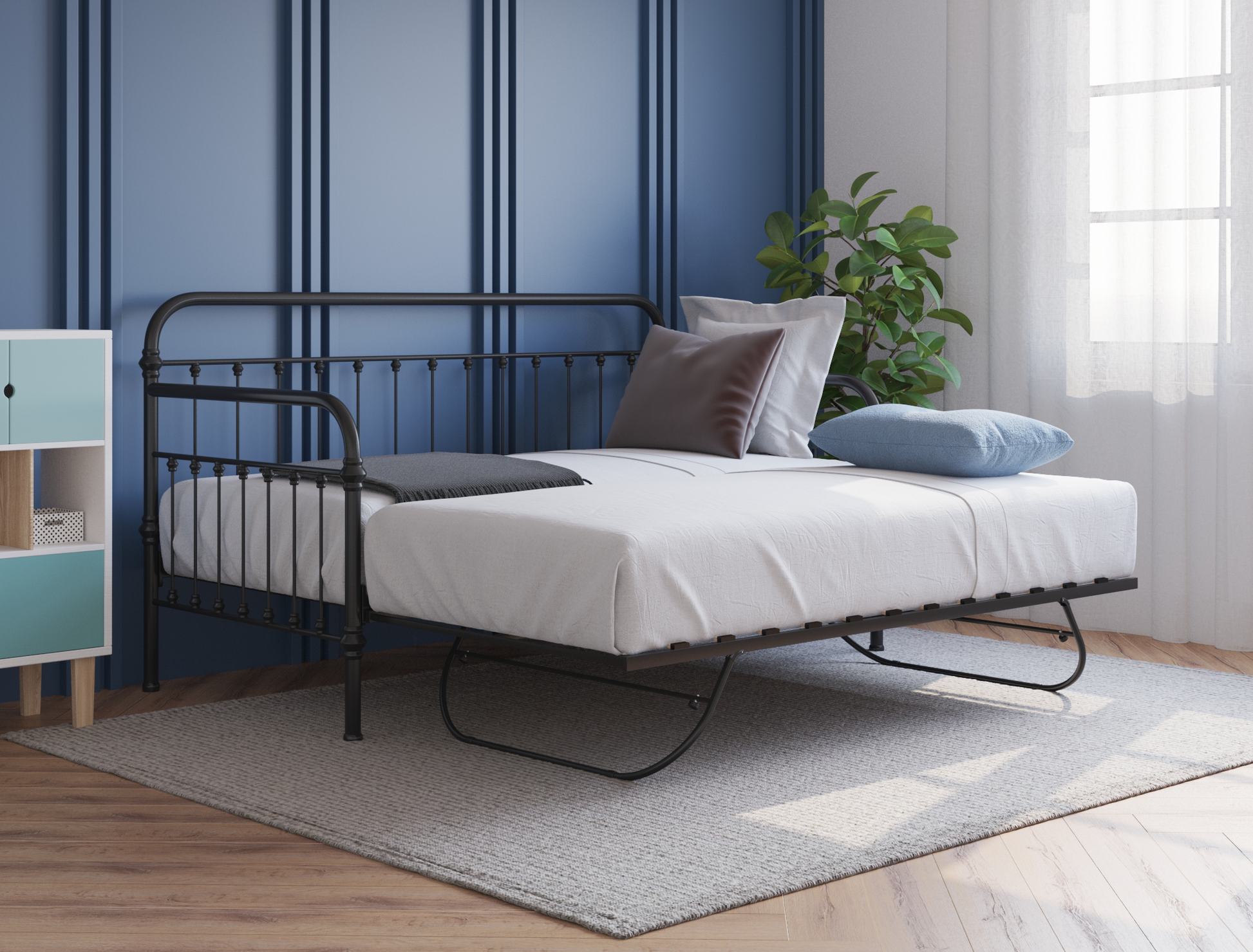 top view of a single bed frame with mattress and pillows in a bedroom from Isaak