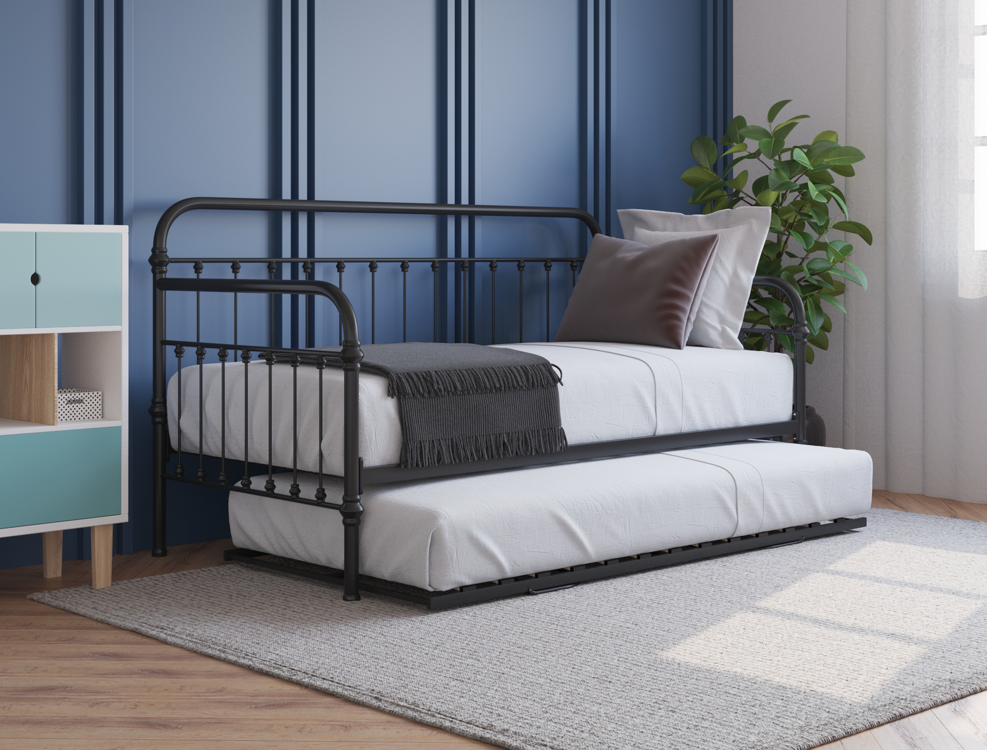 front view of a single bed frame with mattress and pillows in a bedroom from Isaak