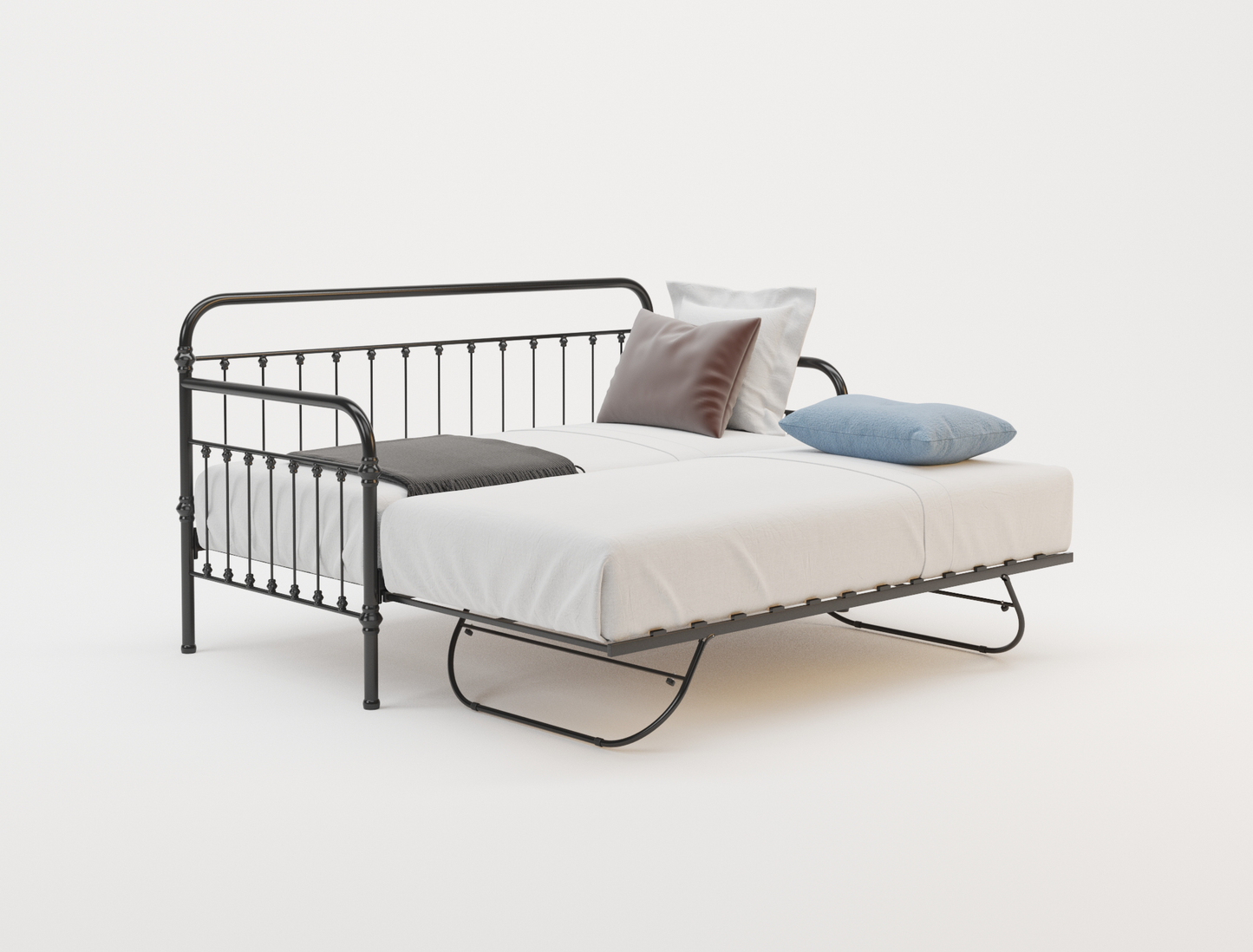 top view of a single bed frame with mattress and pillows in a white background from Isaak