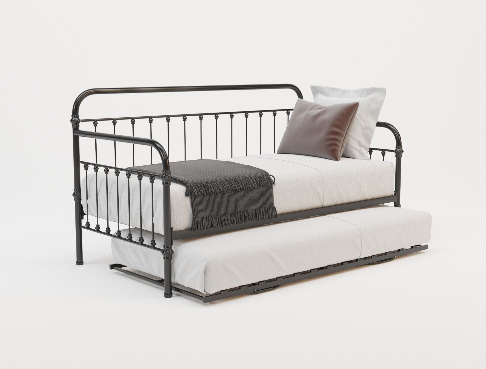 front view of a single bed frame with mattress and pillows in a white background from Isaak