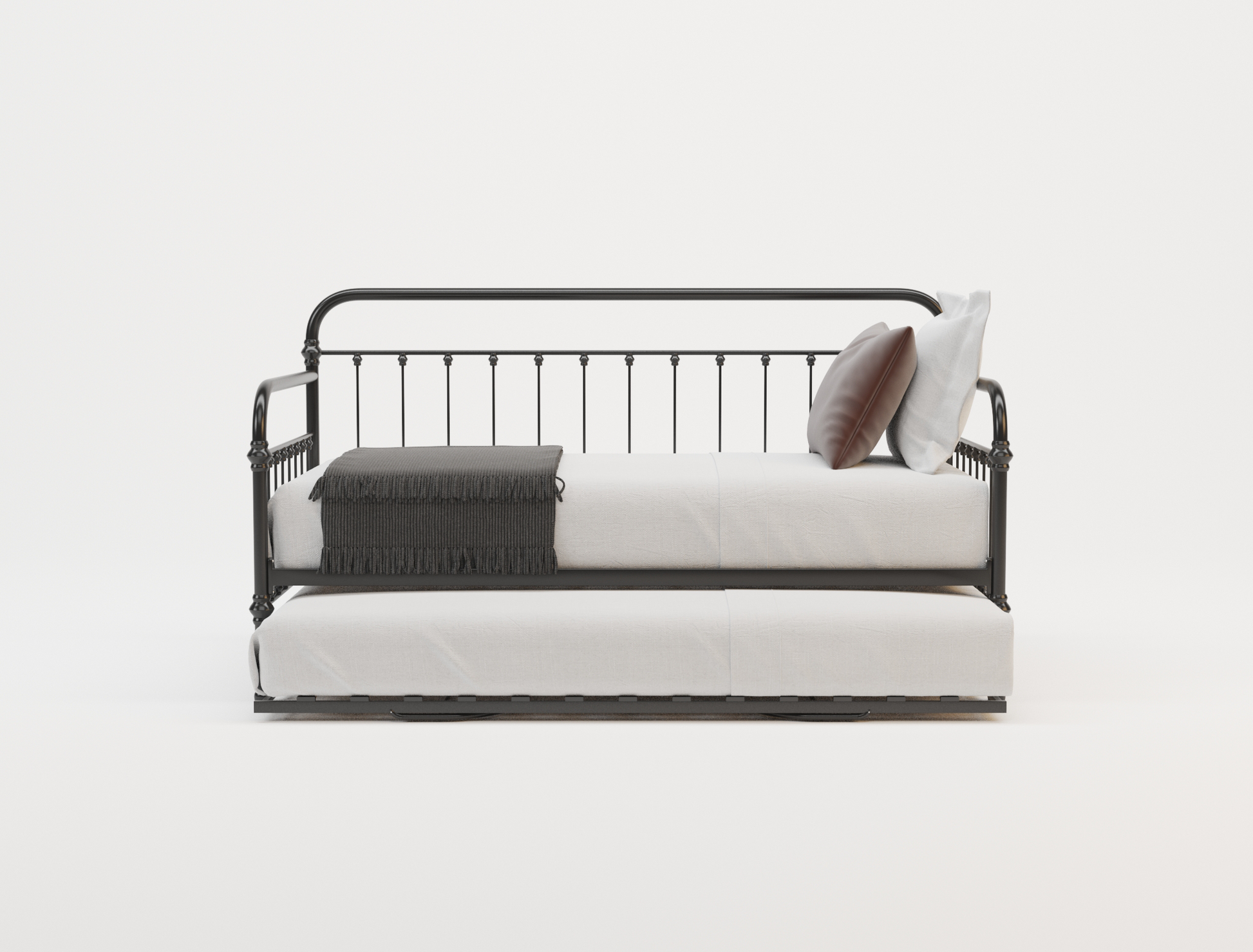 side view of a single bed frame with mattress and pillows in a white background from Isaak