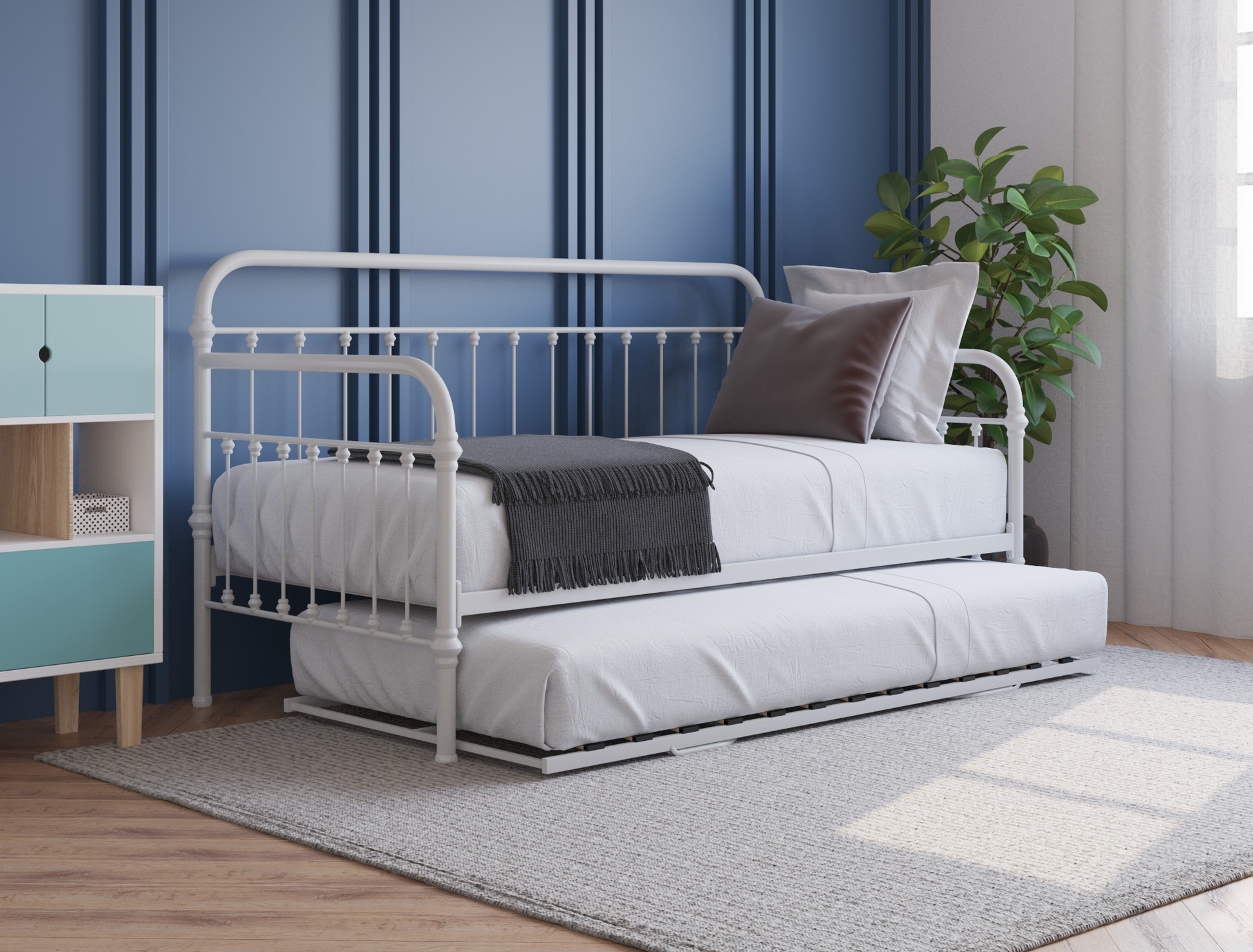 top view of a single bed frame with mattress and pillows in a bedroom from Isaak 2