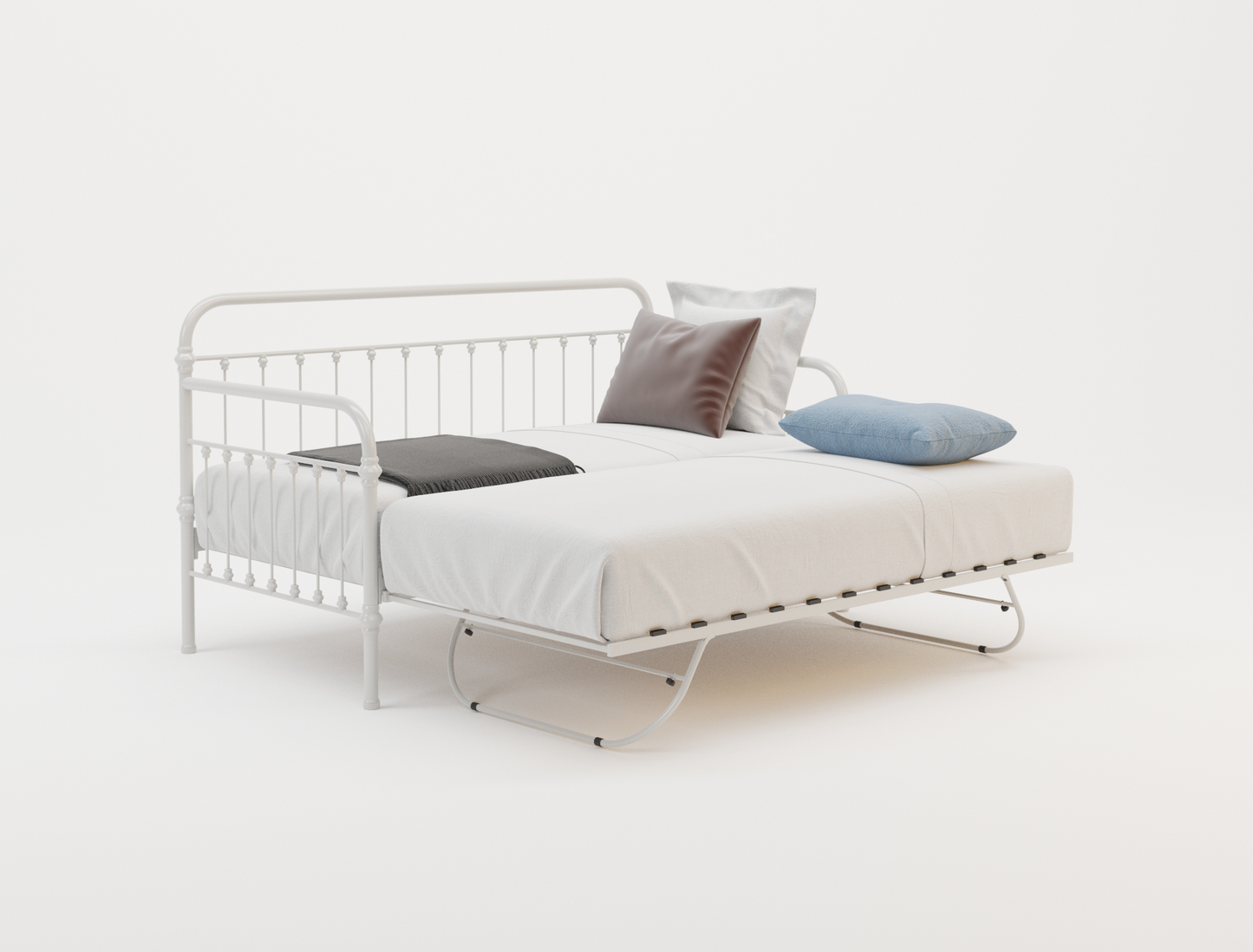 top view of a single bed frame with mattress and pillows in a white background from Isaak