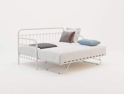 top view of a single bed frame with mattress and pillows in a white background from Isaak