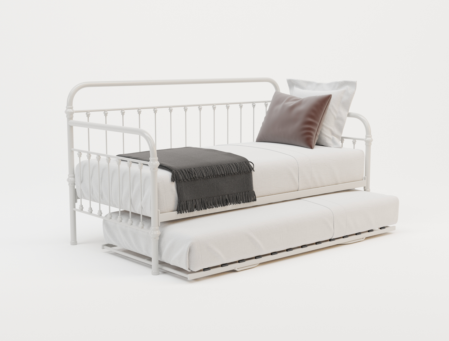 top view of a single bed frame with mattress and pillows in a white background from Isaak 2