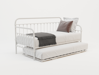 top view of a single bed frame with mattress and pillows in a white background from Isaak 2