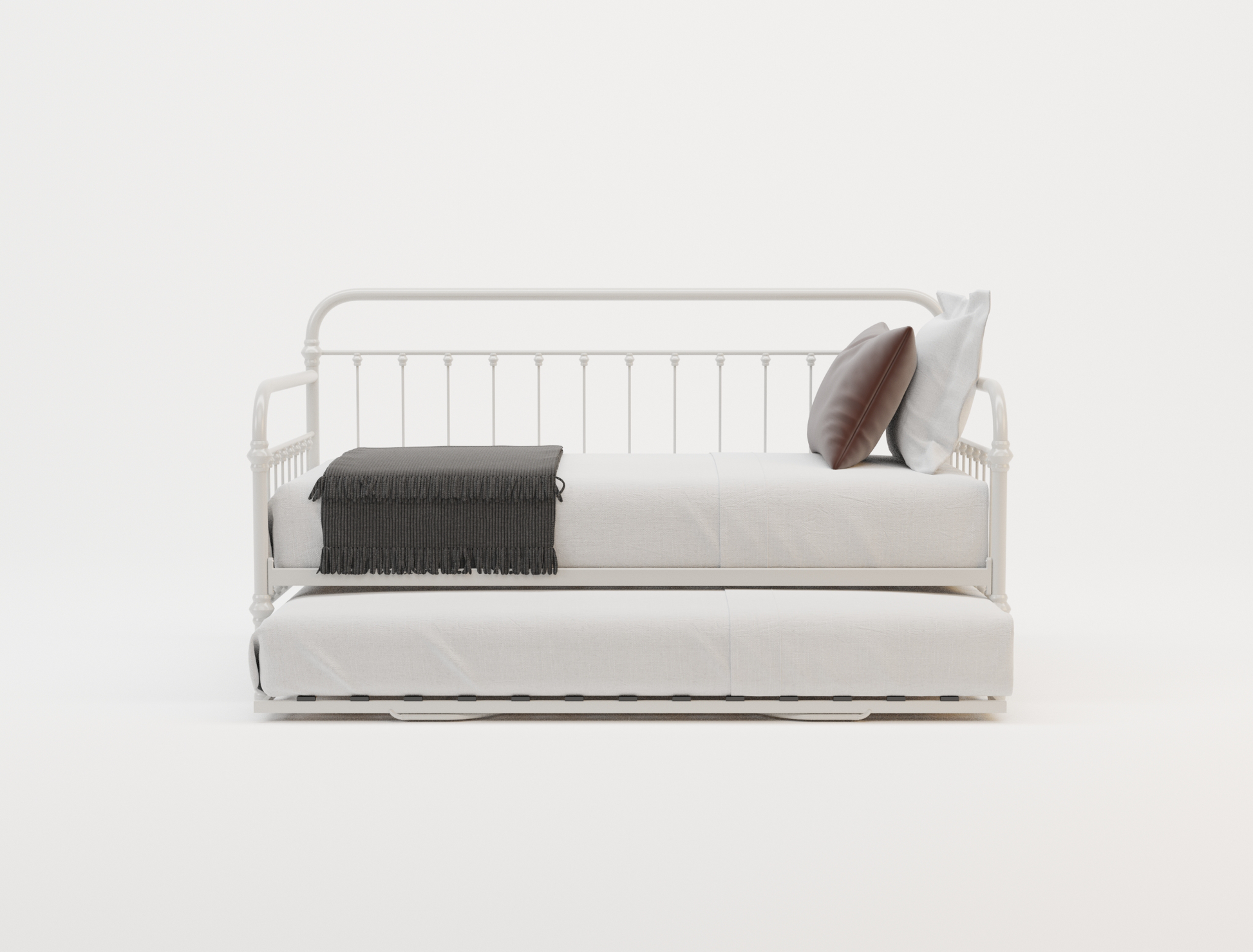 front view of a single bed frame with mattress and pillows in a white background from Isaak