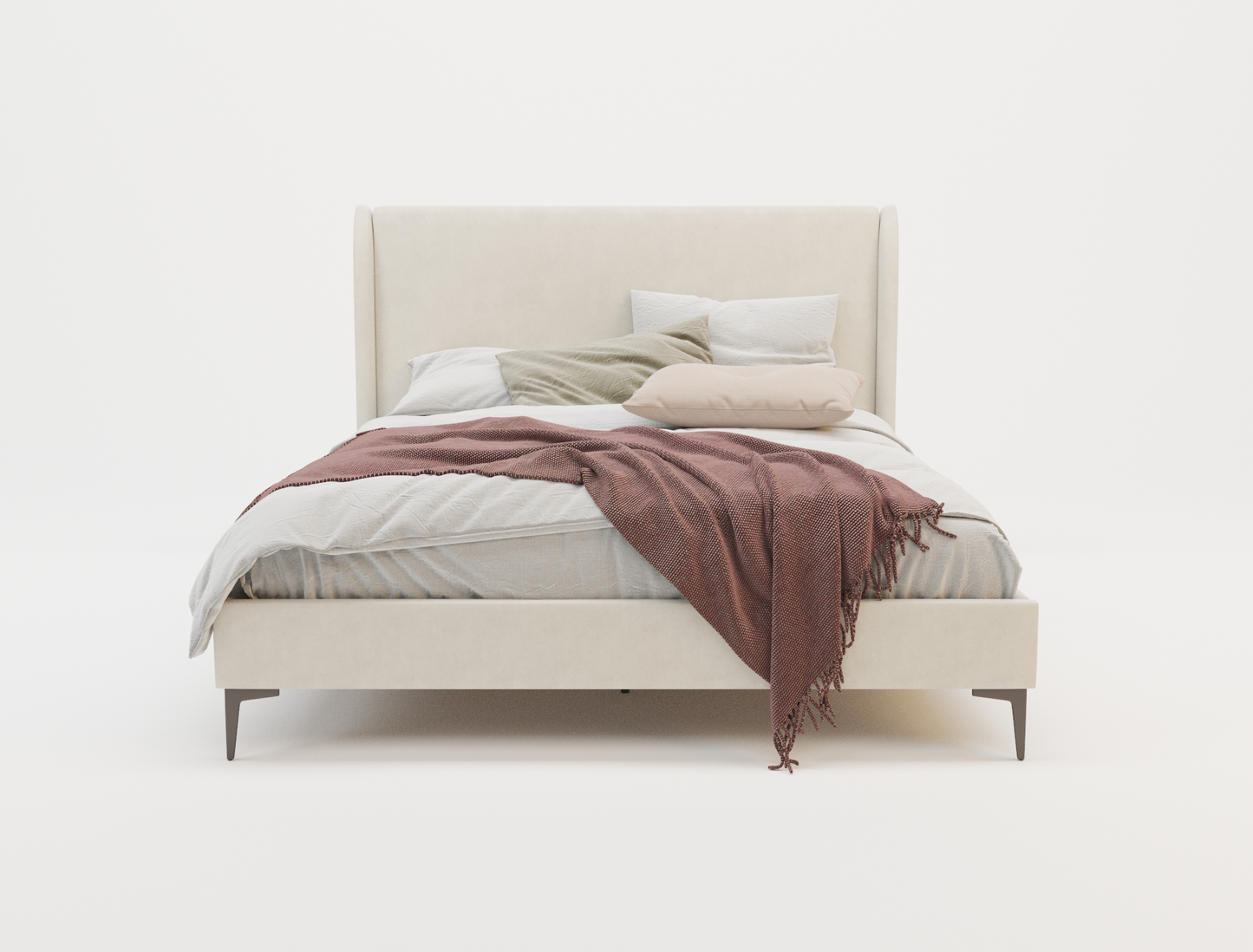 front view of a double bed frame with mattress and pillows in a white background from Isaak