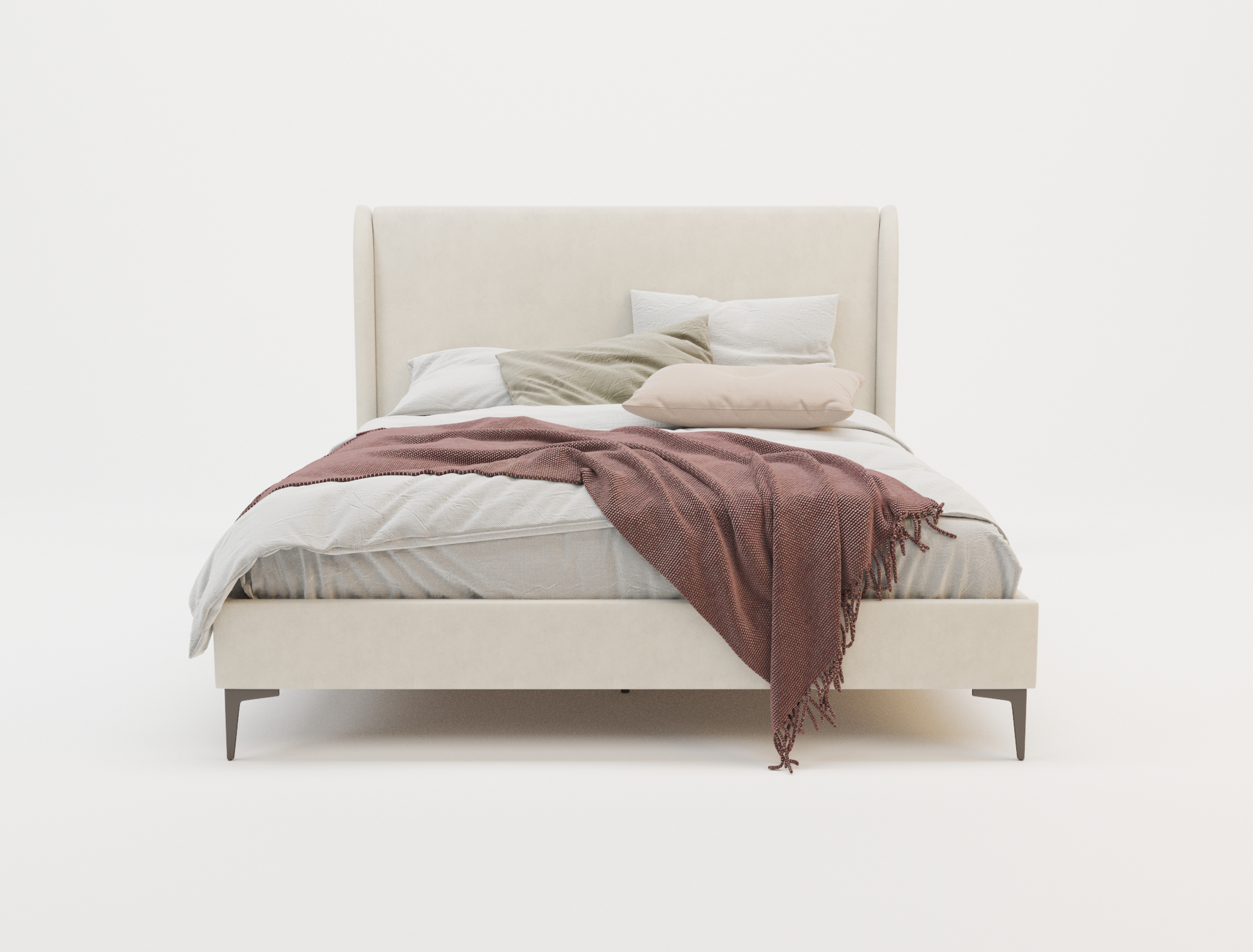 front view of a double bed frame with mattress and pillows in a white background from Isaak