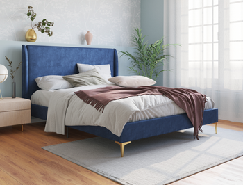 Zheng Blue Velvet Gold Legs Double Bed Frame