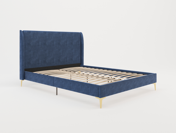 Zheng Blue Velvet Gold Legs Double Bed Frame
