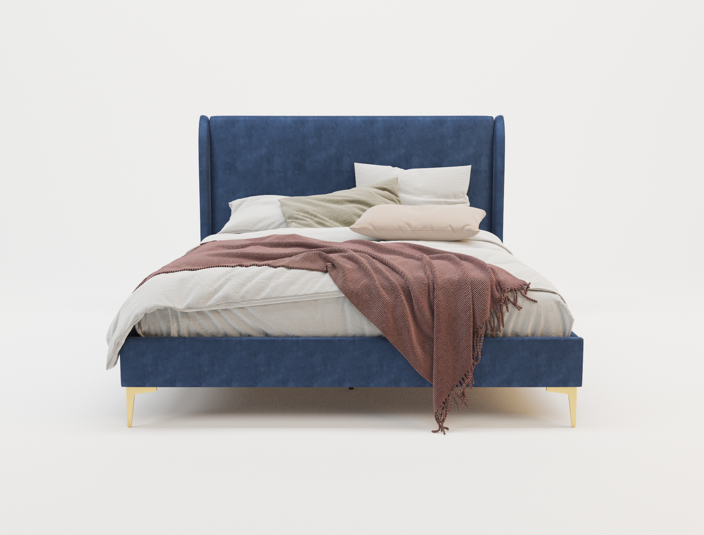 front view of a double bed frame with mattress and pillows in a white background from Isaak