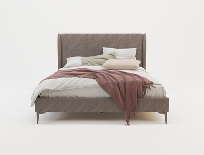 front view of a double bed frame with mattress and pillows in a white background from Isaak