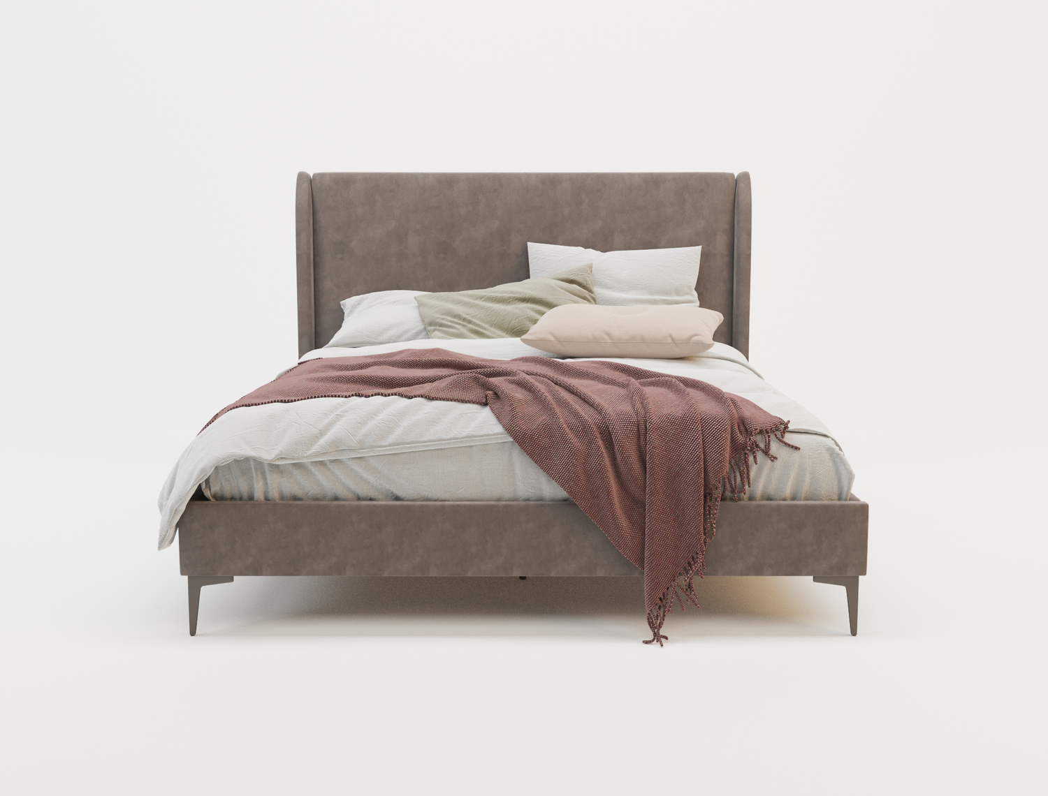 front view of a king bed frame with mattress and pillows in a white background from Isaak