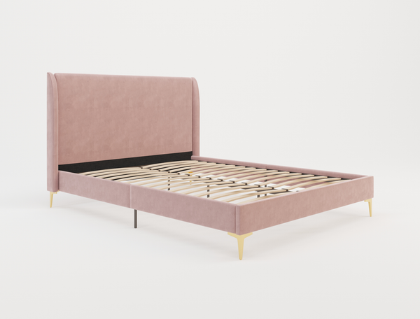 Zheng Pink Velvet Gold Legs Double Bed Frame