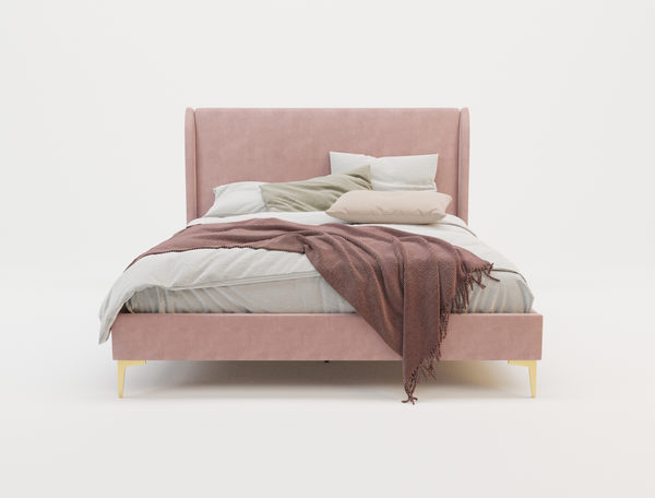 Zheng Pink Velvet Gold Legs Double Bed Frame