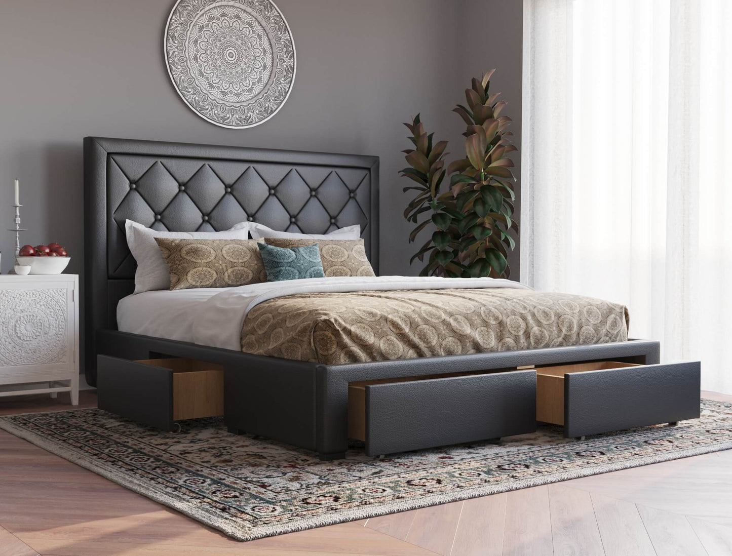 Miles Black Drawer Storage Faux Leather Bed frame