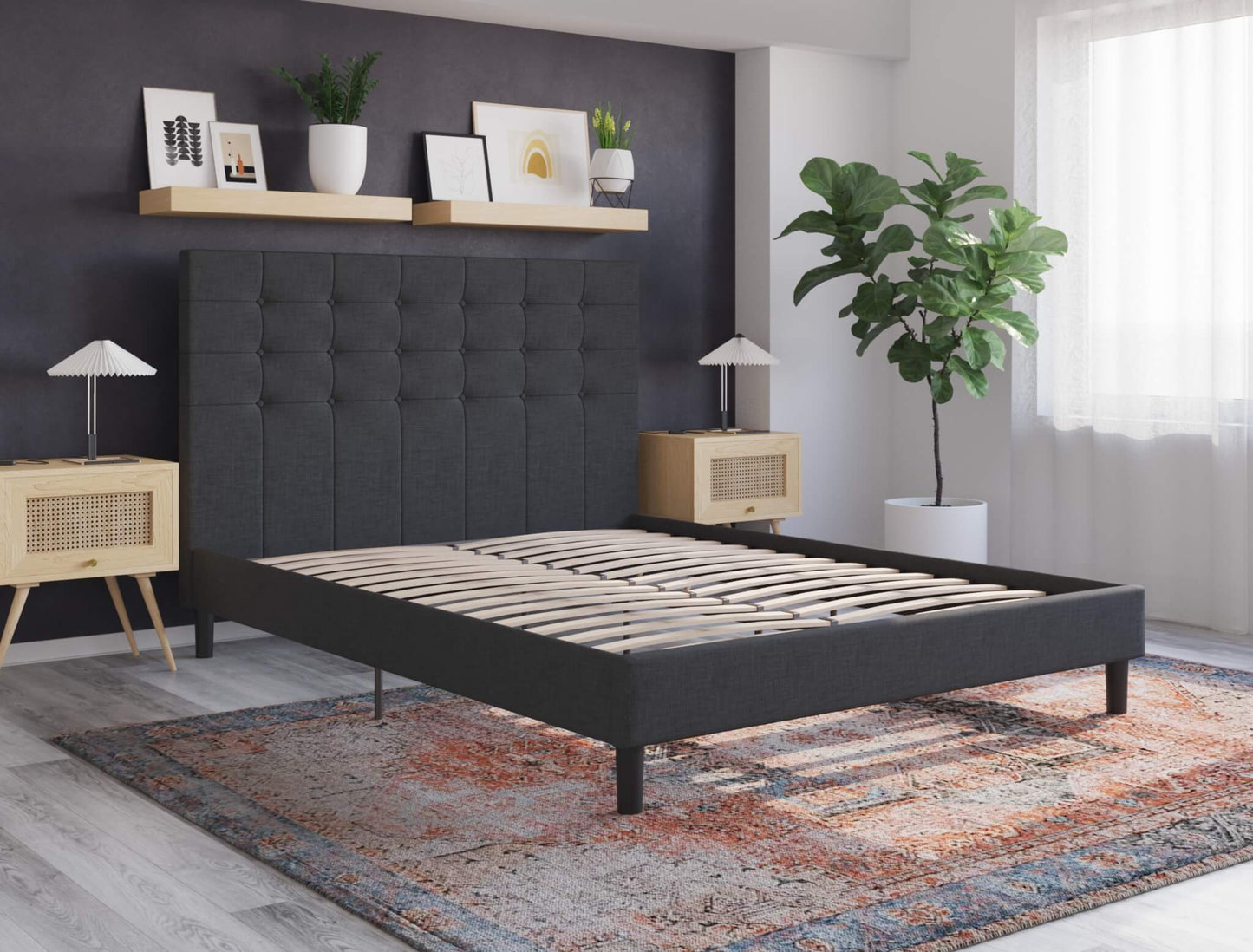 Kylie Button Charcoal Fabric Bed Frame